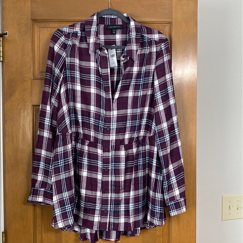 Lane Bryant No Peek Button Front Plaid Peplum Tunic